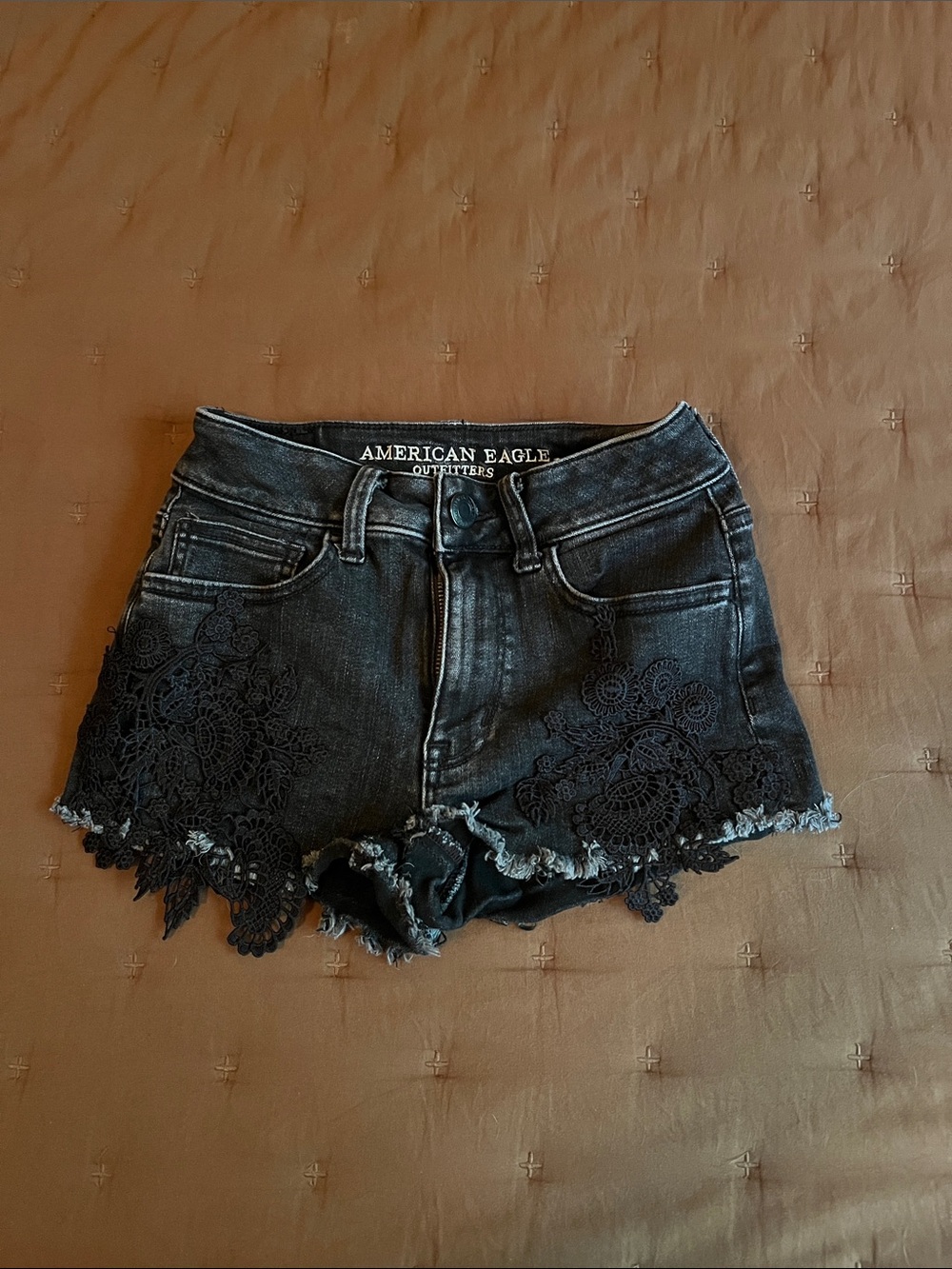 American Eagle Outfitters Black Denim Lace-Trim Jean Shorts